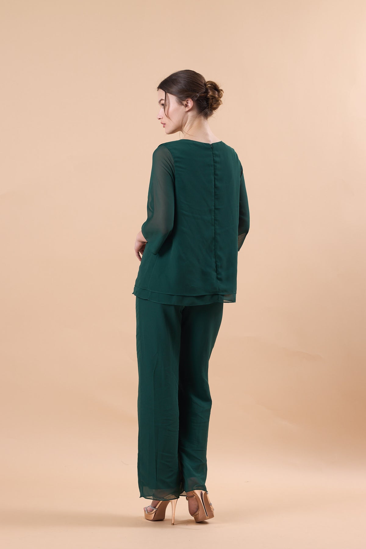 Emerald Green Chiffon 2 Piece Flare Sleeve Formal Pantsuit | US Sizes | Ship in 72 Hours