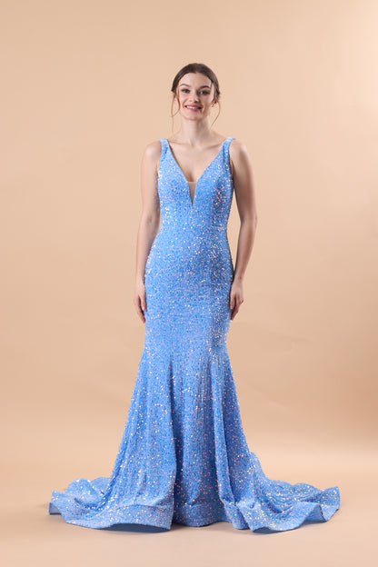Sky Blue Sleeveless Deep V Sequin Mermaid Train Formal Prom Gown | US Sizes | Ship in 72 Hours