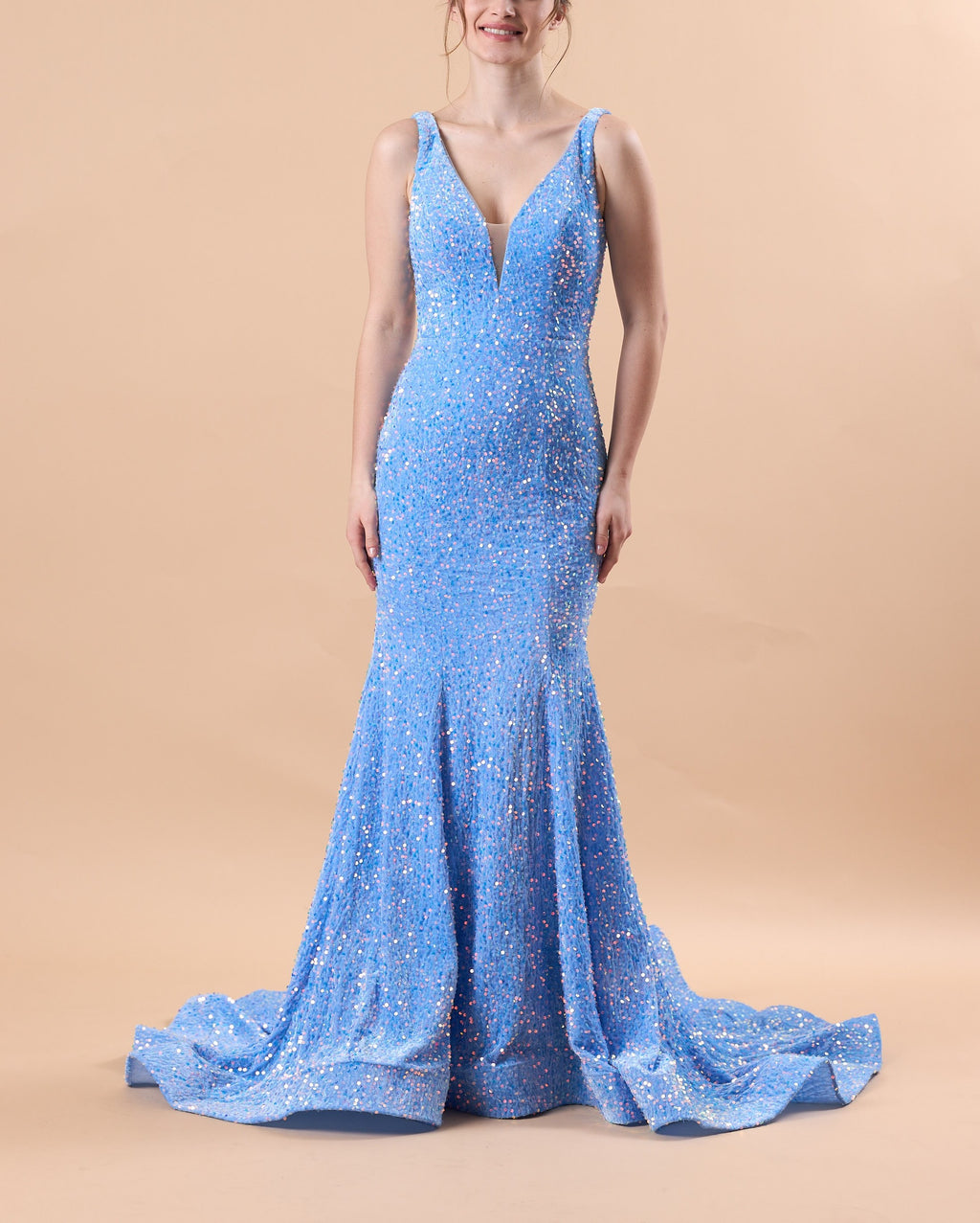 Sky Blue Sleeveless Deep V Sequin Mermaid Train Formal Prom Gown | US Sizes | Ship in 72 Hours