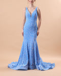 Sky Blue Sleeveless Deep V Sequin Mermaid Train Formal Prom Gown | US Sizes | Ship in 72 Hours