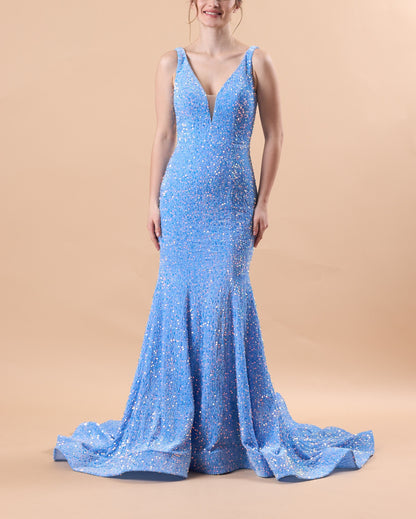 Sky Blue Sleeveless Deep V Sequin Mermaid Train Formal Prom Gown | US Sizes | Ship in 72 Hours