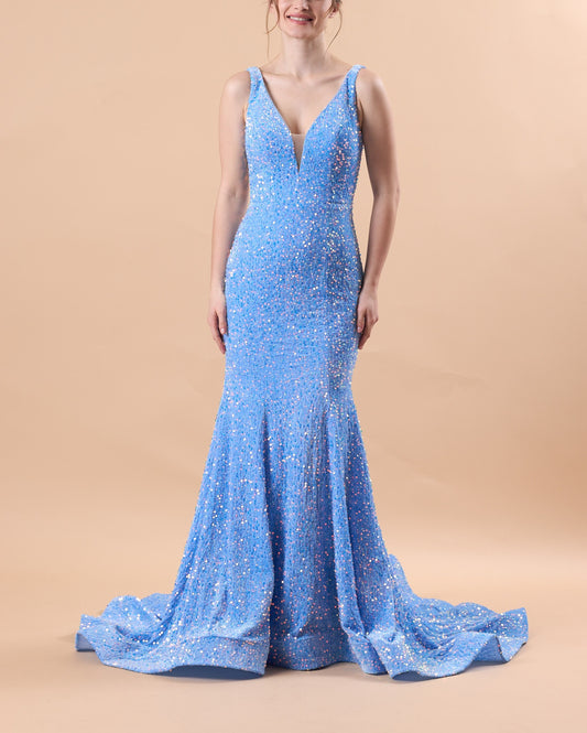 Sky Blue Sleeveless Deep V Sequin Mermaid Train Formal Prom Gown | US Sizes | Ship in 72 Hours