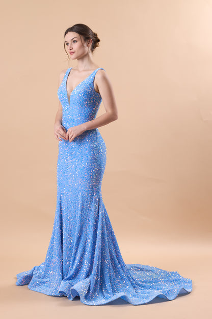 Sky Blue Sleeveless Deep V Sequin Mermaid Train Formal Prom Gown | US Sizes | Ship in 72 Hours