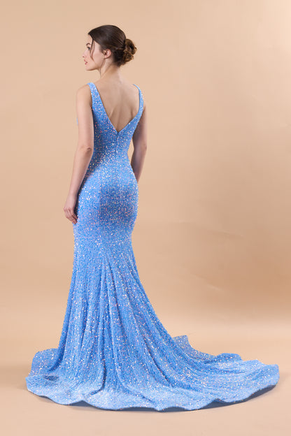 Sky Blue Sleeveless Deep V Sequin Mermaid Train Formal Prom Gown | US Sizes | Ship in 72 Hours