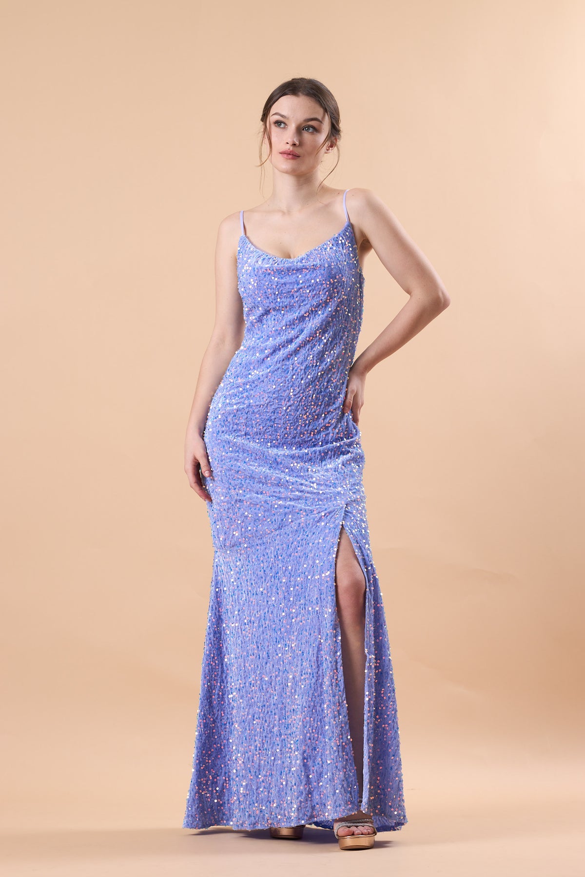 Lavender Spaghetti Strap Cowl Neck Sequin Slit Mermaid Maxi Dress | US Sizes | Ship in 72 Hours
