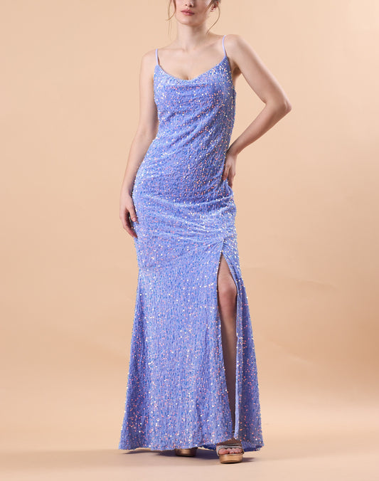 Lavender Spaghetti Strap Cowl Neck Sequin Slit Mermaid Maxi Dress | US Sizes | Ship in 72 Hours