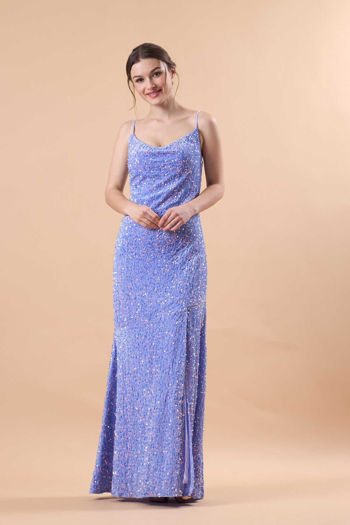 Lavender Spaghetti Strap Cowl Neck Sequin Slit Mermaid Maxi Dress | US Sizes | Ship in 72 Hours