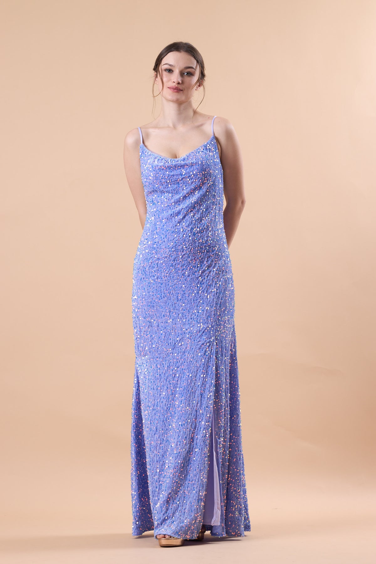 Lavender Spaghetti Strap Cowl Neck Sequin Slit Mermaid Maxi Dress | US Sizes | Ship in 72 Hours