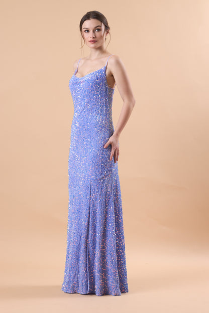 Lavender Spaghetti Strap Cowl Neck Sequin Slit Mermaid Maxi Dress | US Sizes | Ship in 72 Hours