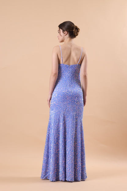 Lavender Spaghetti Strap Cowl Neck Sequin Slit Mermaid Maxi Dress | US Sizes | Ship in 72 Hours