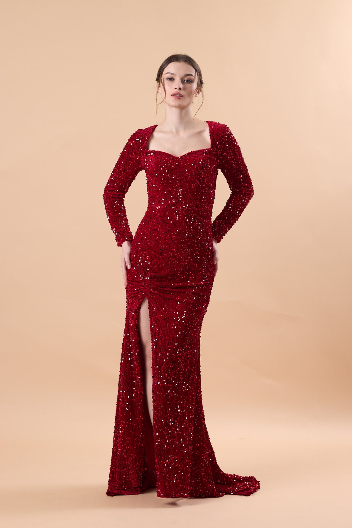 Burgundy Long Sleeve Sweetheart Sequin Mermaid Slit Train Formal Gown | US Sizes | Ship in 72 Hours