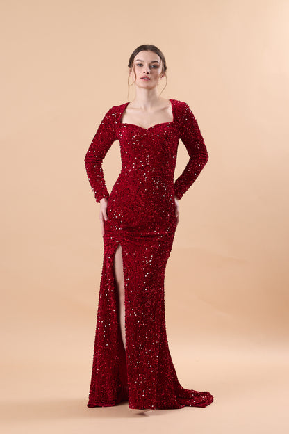 Burgundy Long Sleeve Sweetheart Sequin Mermaid Slit Train Formal Gown | US Sizes | Ship in 72 Hours