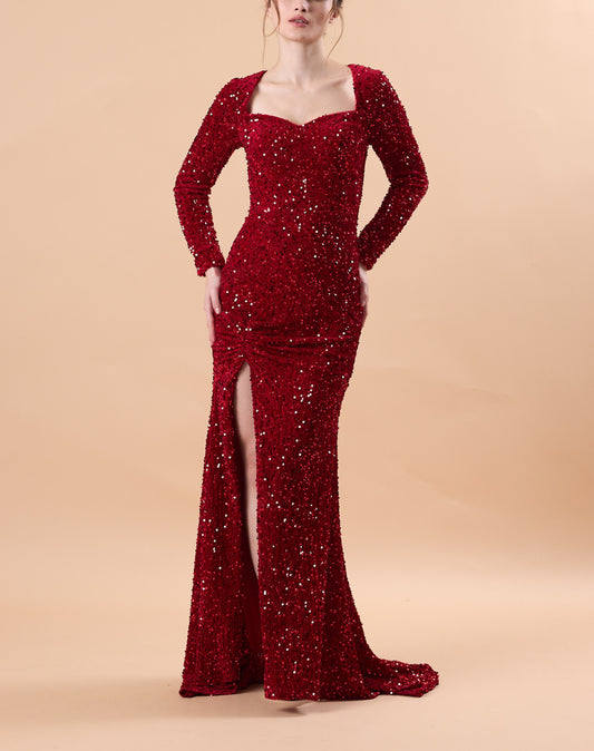 Burgundy Long Sleeve Sweetheart Sequin Mermaid Slit Train Formal Gown | US Sizes | Ship in 72 Hours