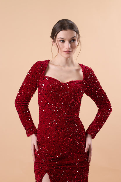 Burgundy Long Sleeve Sweetheart Sequin Mermaid Slit Train Formal Gown | US Sizes | Ship in 72 Hours