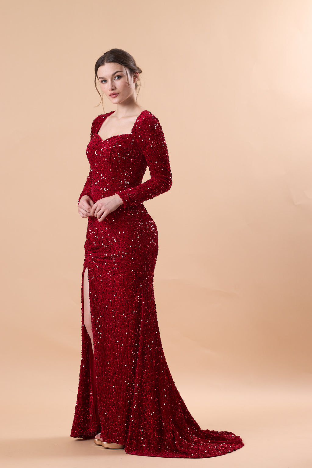 Burgundy Long Sleeve Sweetheart Sequin Mermaid Slit Train Formal Gown | US Sizes | Ship in 72 Hours