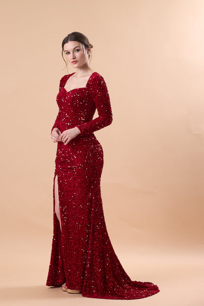 Burgundy Long Sleeve Sweetheart Sequin Mermaid Slit Train Formal Gown | US Sizes | Ship in 72 Hours