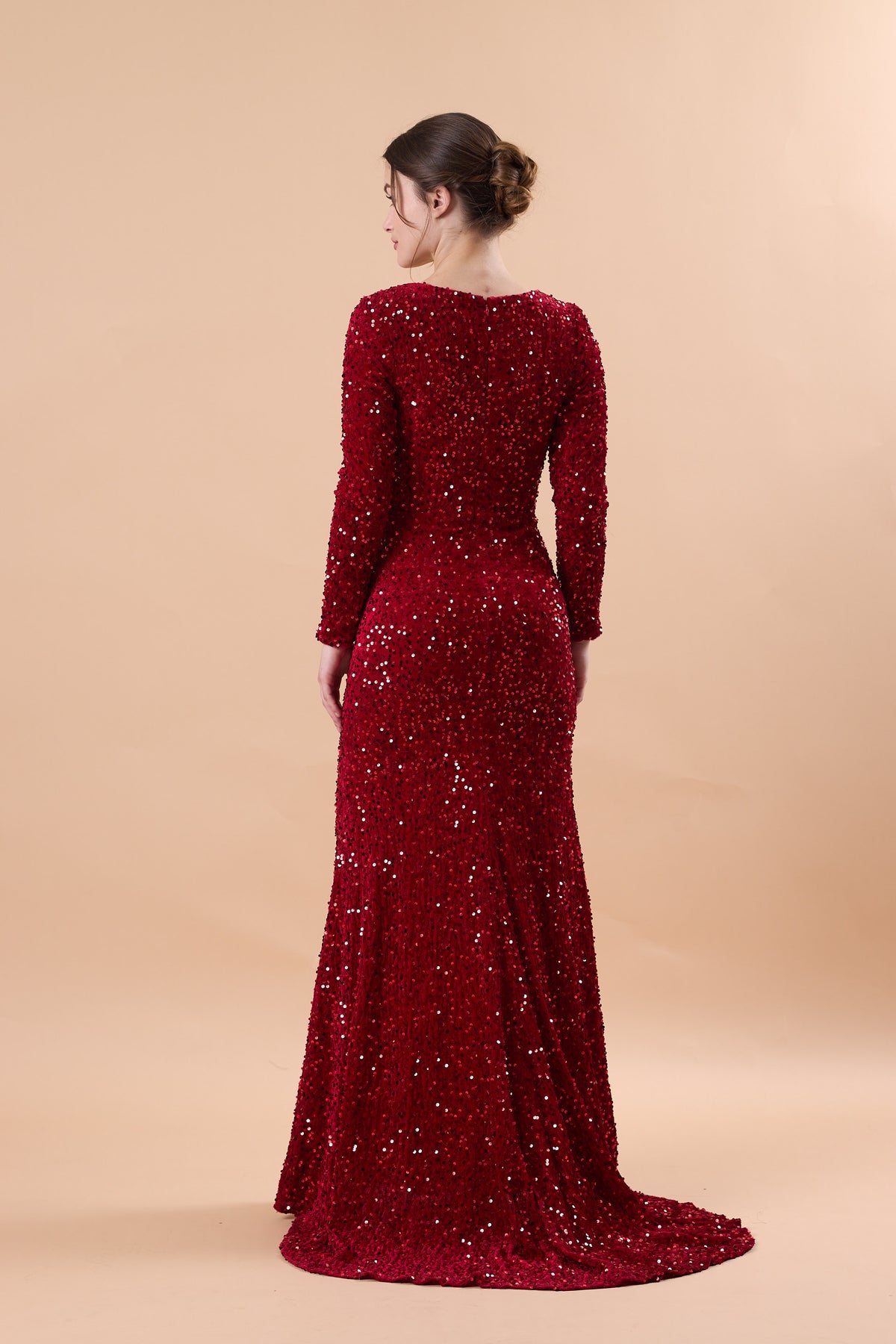 Burgundy Long Sleeve Sweetheart Sequin Mermaid Slit Train Formal Gown | US Sizes | Ship in 72 Hours