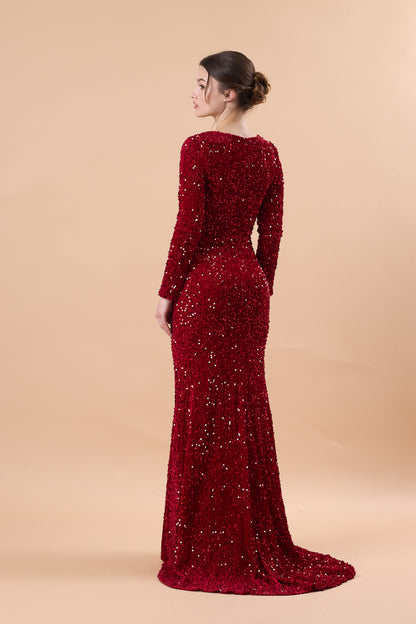 Burgundy Long Sleeve Sweetheart Sequin Mermaid Slit Train Formal Gown | US Sizes | Ship in 72 Hours