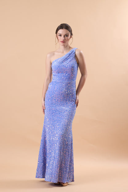 Lavender One Shoulder Ruched Sequin Mermaid Maxi Formal Gown | US Sizes | Ship in 72 Hours