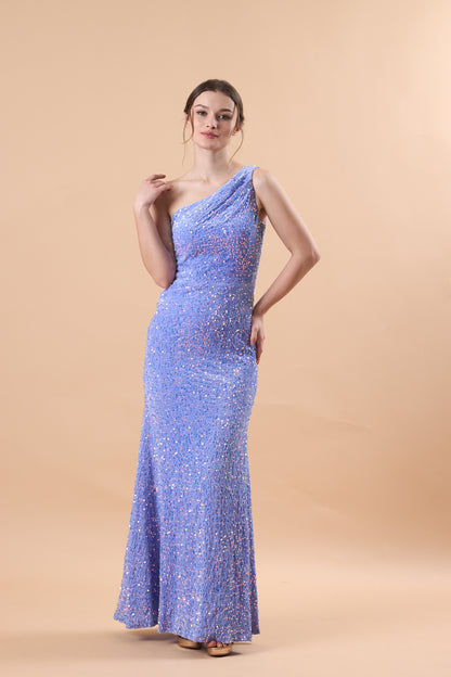 Lavender One Shoulder Ruched Sequin Mermaid Maxi Formal Gown | US Sizes | Ship in 72 Hours