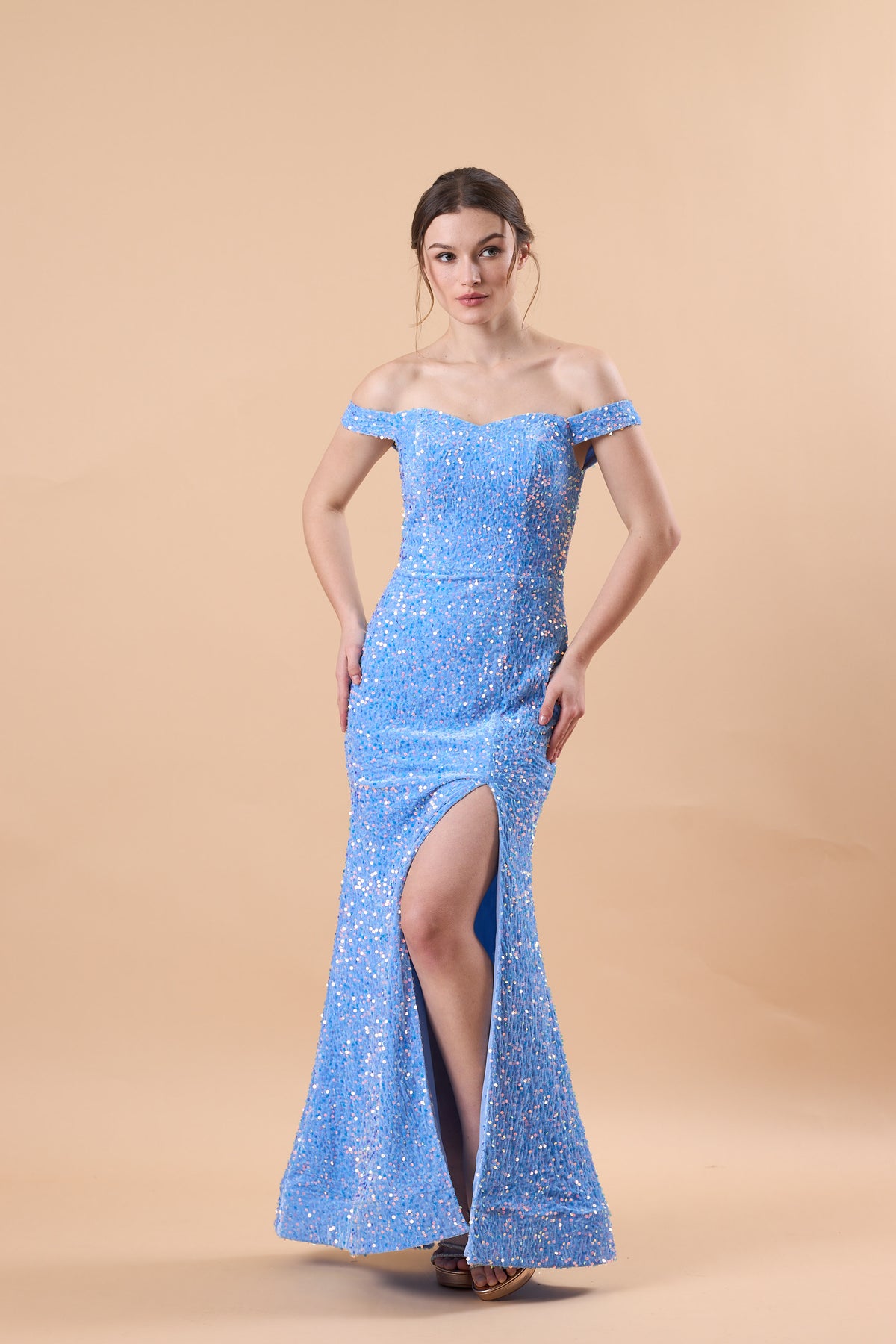 Sky Blue Off Shoulder Sequin High Slit Mermaid Floor Length Formal Gown | US Sizes | Ship in 72 Hours