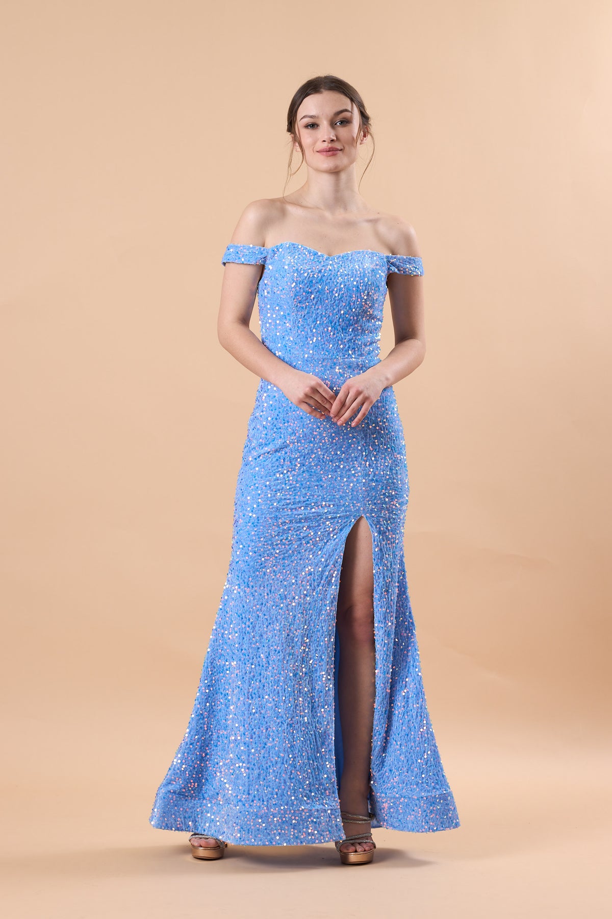 Sky Blue Off Shoulder Sequin High Slit Mermaid Floor Length Formal Gown | US Sizes | Ship in 72 Hours