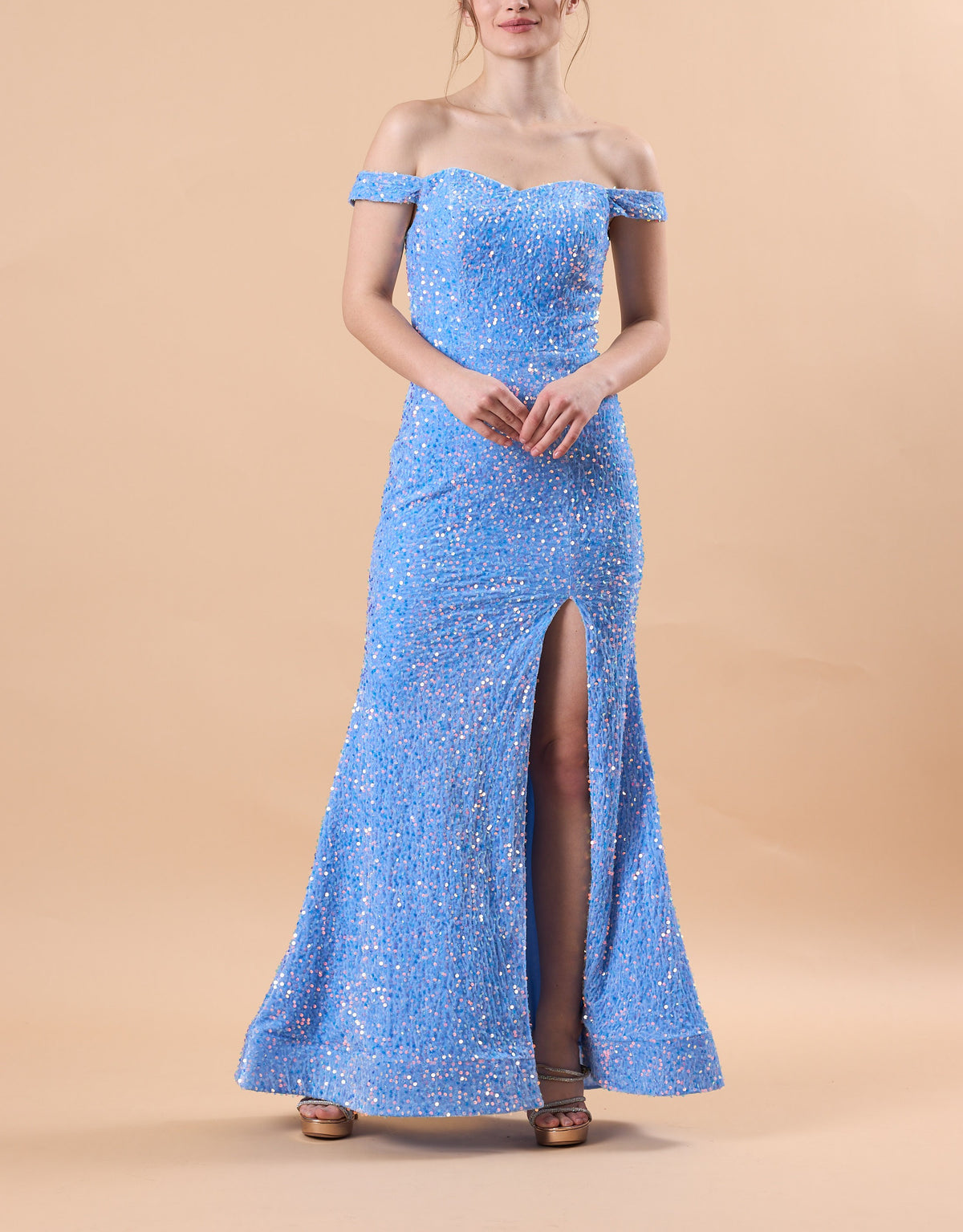 Sky Blue Off Shoulder Sequin High Slit Mermaid Floor Length Formal Gown | US Sizes | Ship in 72 Hours