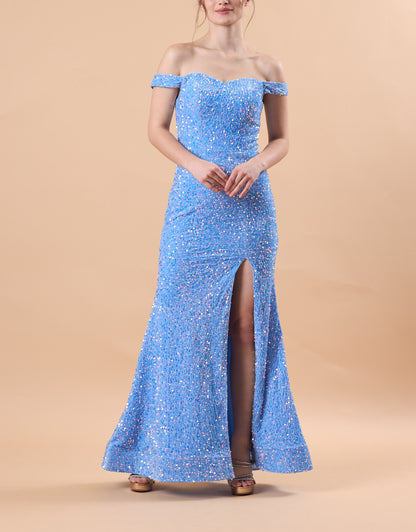 Sky Blue Off Shoulder Sequin High Slit Mermaid Floor Length Formal Gown | US Sizes | Ship in 72 Hours