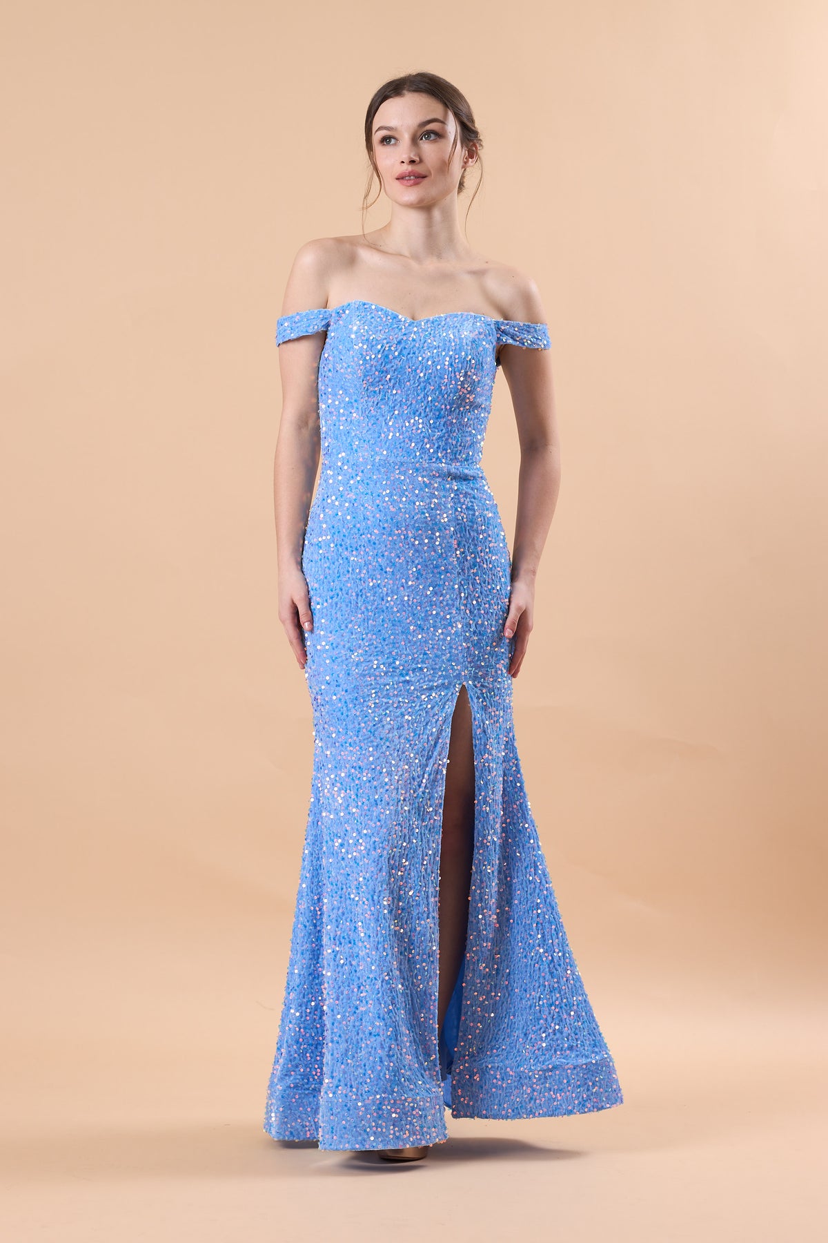 Sky Blue Off Shoulder Sequin High Slit Mermaid Floor Length Formal Gown | US Sizes | Ship in 72 Hours