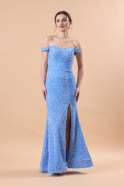 Sky Blue Off Shoulder Sequin High Slit Mermaid Floor Length Formal Gown | US Sizes | Ship in 72 Hours