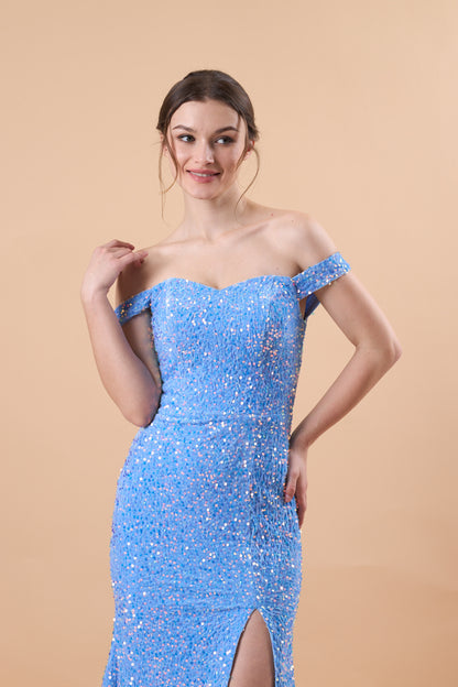 Sky Blue Off Shoulder Sequin High Slit Mermaid Floor Length Formal Gown | US Sizes | Ship in 72 Hours
