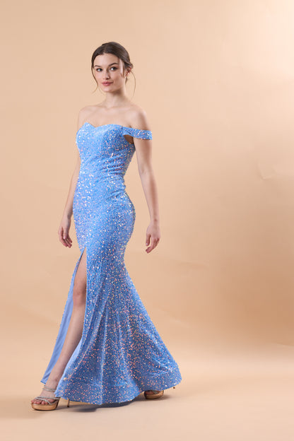 Sky Blue Off Shoulder Sequin High Slit Mermaid Floor Length Formal Gown | US Sizes | Ship in 72 Hours