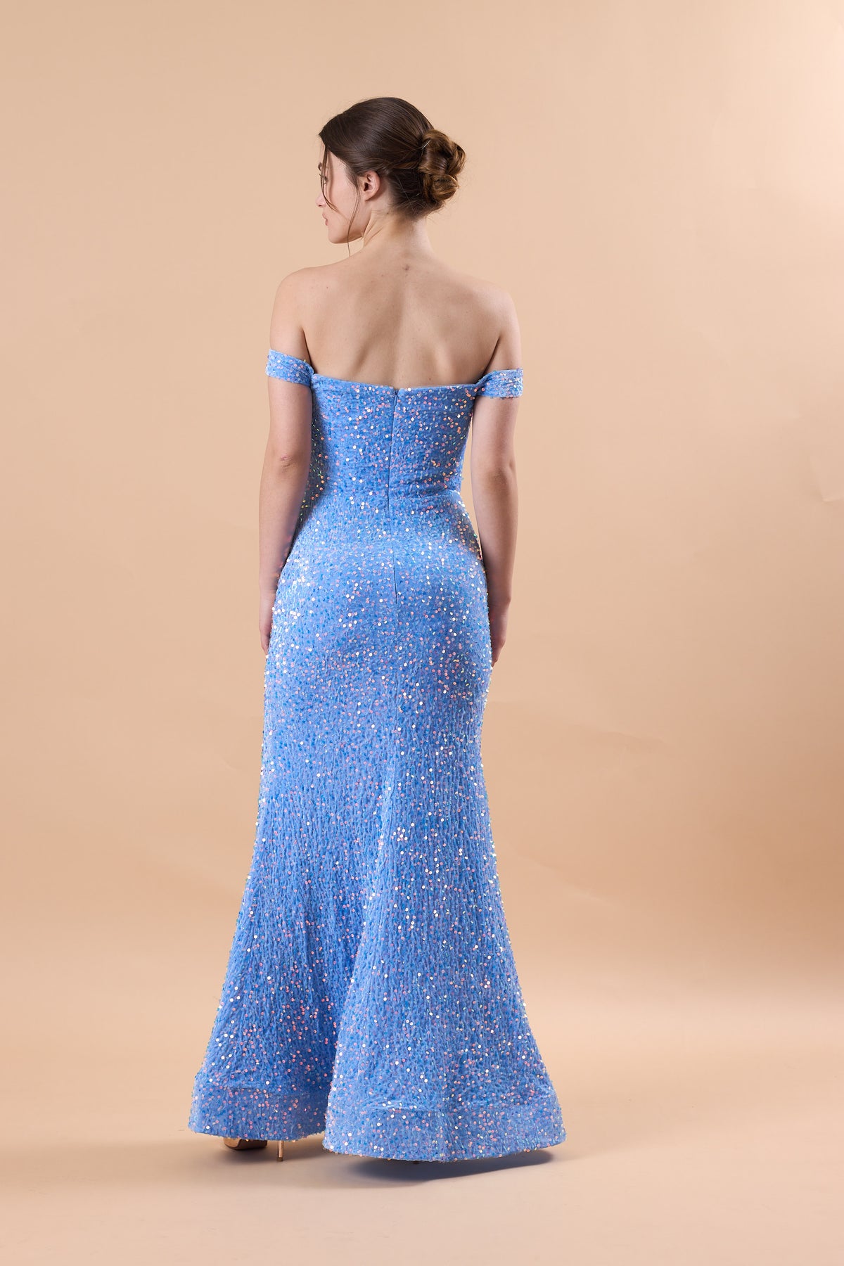 Sky Blue Off Shoulder Sequin High Slit Mermaid Floor Length Formal Gown | US Sizes | Ship in 72 Hours