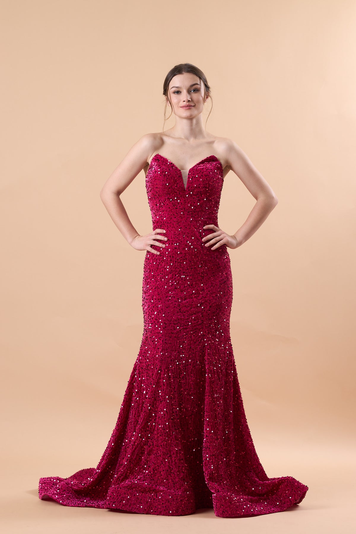 Fuchsia Strapless Sweetheart Sequin Mermaid Train Formal Prom Gown | US Sizes | Ship in 72 Hours