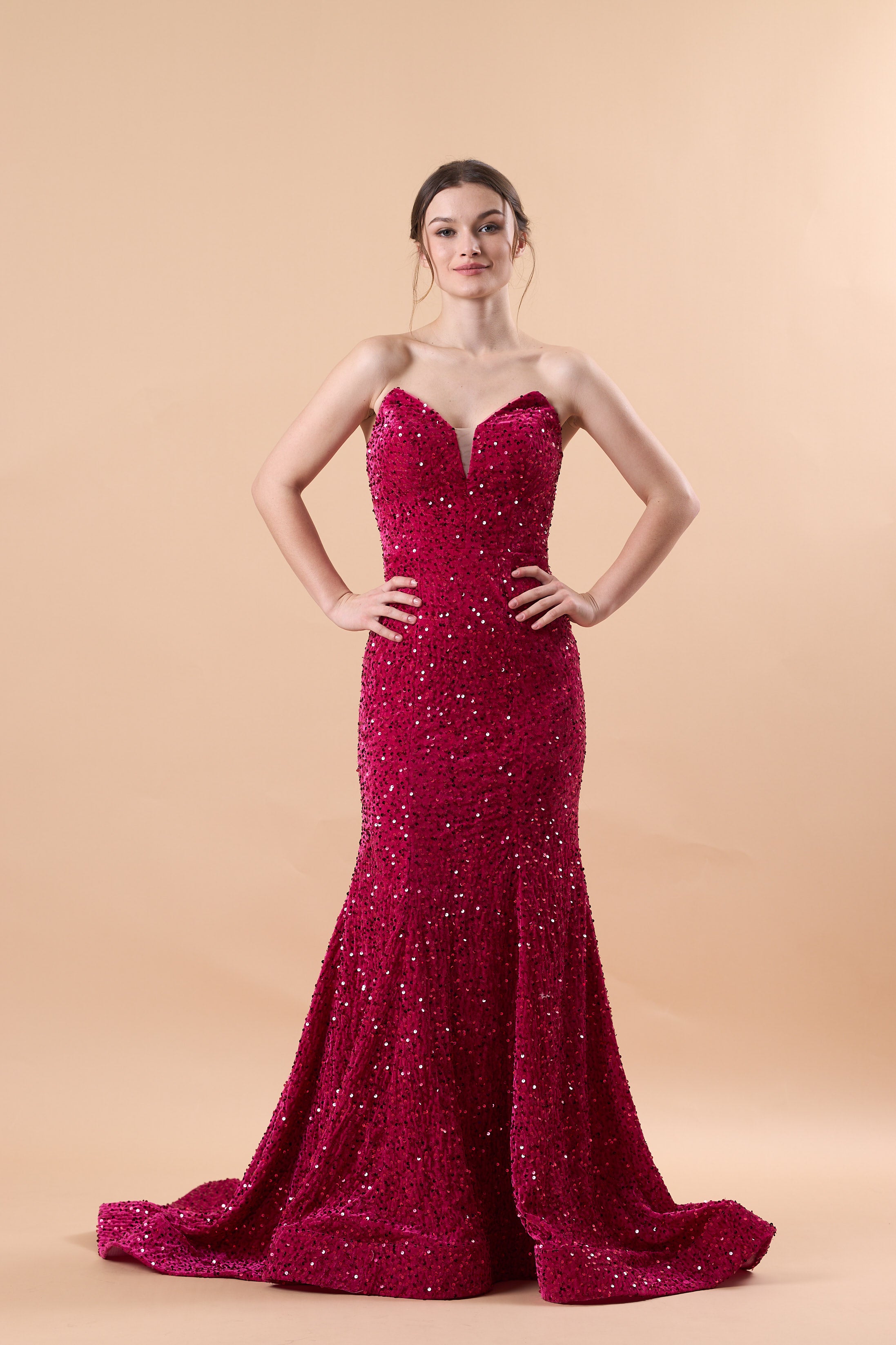 Fuchsia Strapless Sweetheart Sequin Mermaid Train Formal Prom Gown | US Sizes | Ship in 72 Hours