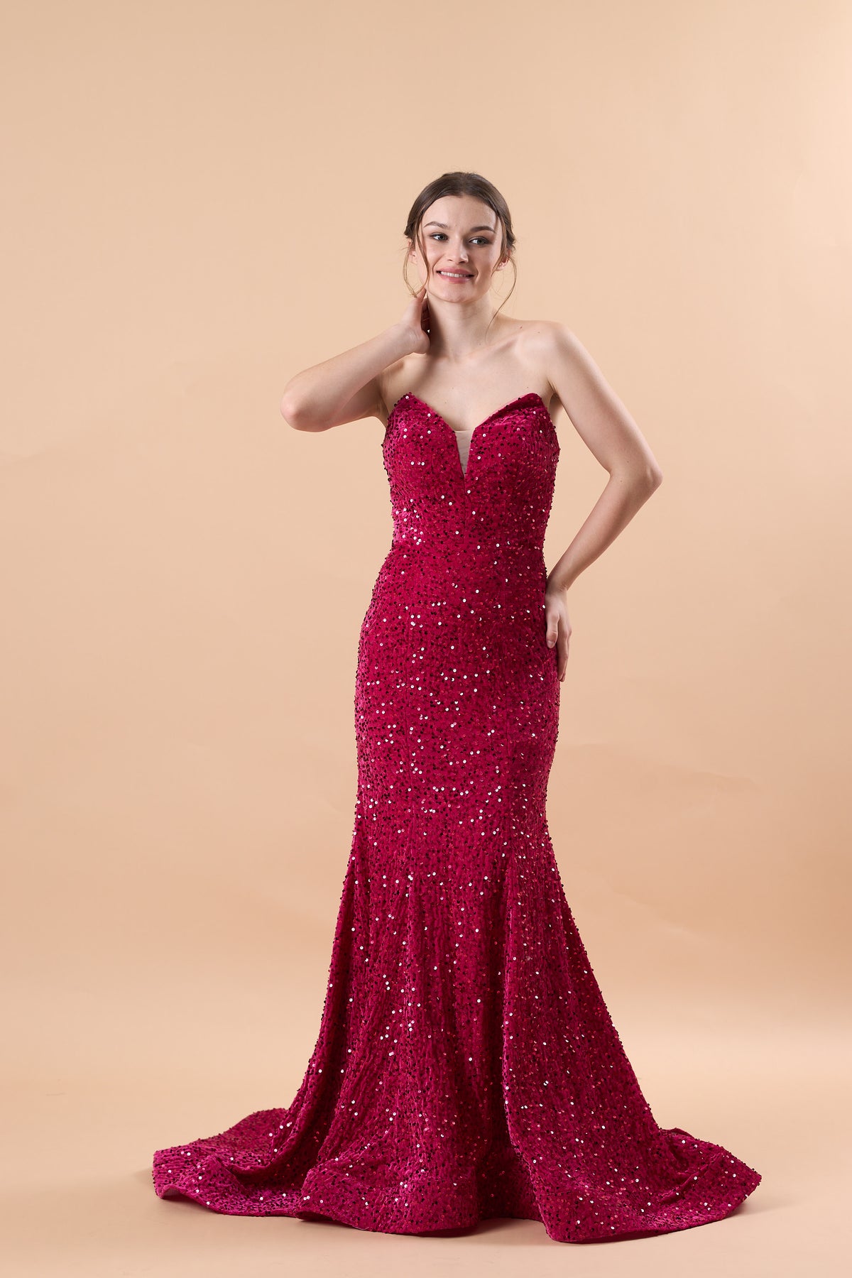 Fuchsia Strapless Sweetheart Sequin Mermaid Train Formal Prom Gown | US Sizes | Ship in 72 Hours