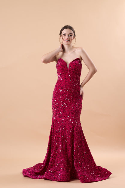 Fuchsia Strapless Sweetheart Sequin Mermaid Train Formal Prom Gown | US Sizes | Ship in 72 Hours