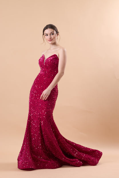 Fuchsia Strapless Sweetheart Sequin Mermaid Train Formal Prom Gown | US Sizes | Ship in 72 Hours
