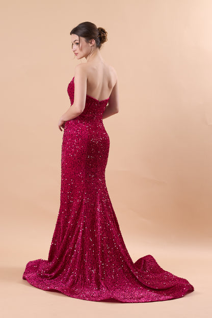 Fuchsia Strapless Sweetheart Sequin Mermaid Train Formal Prom Gown | US Sizes | Ship in 72 Hours