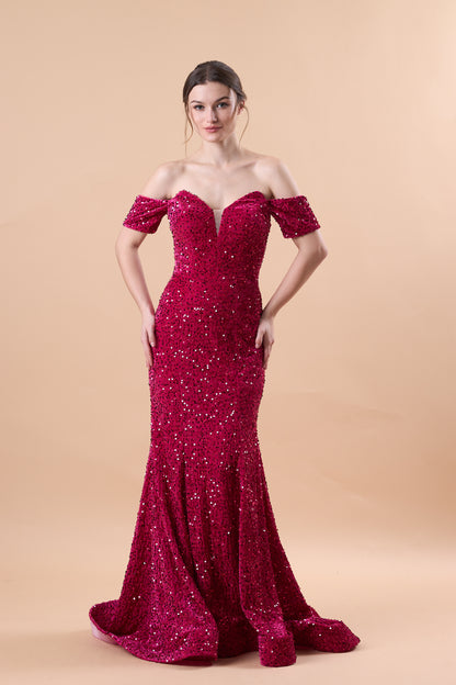 Fuchsia Off Shoulder Sweetheart Sequin Mermaid Train Formal Gown | US Sizes | Ship in 72 Hours