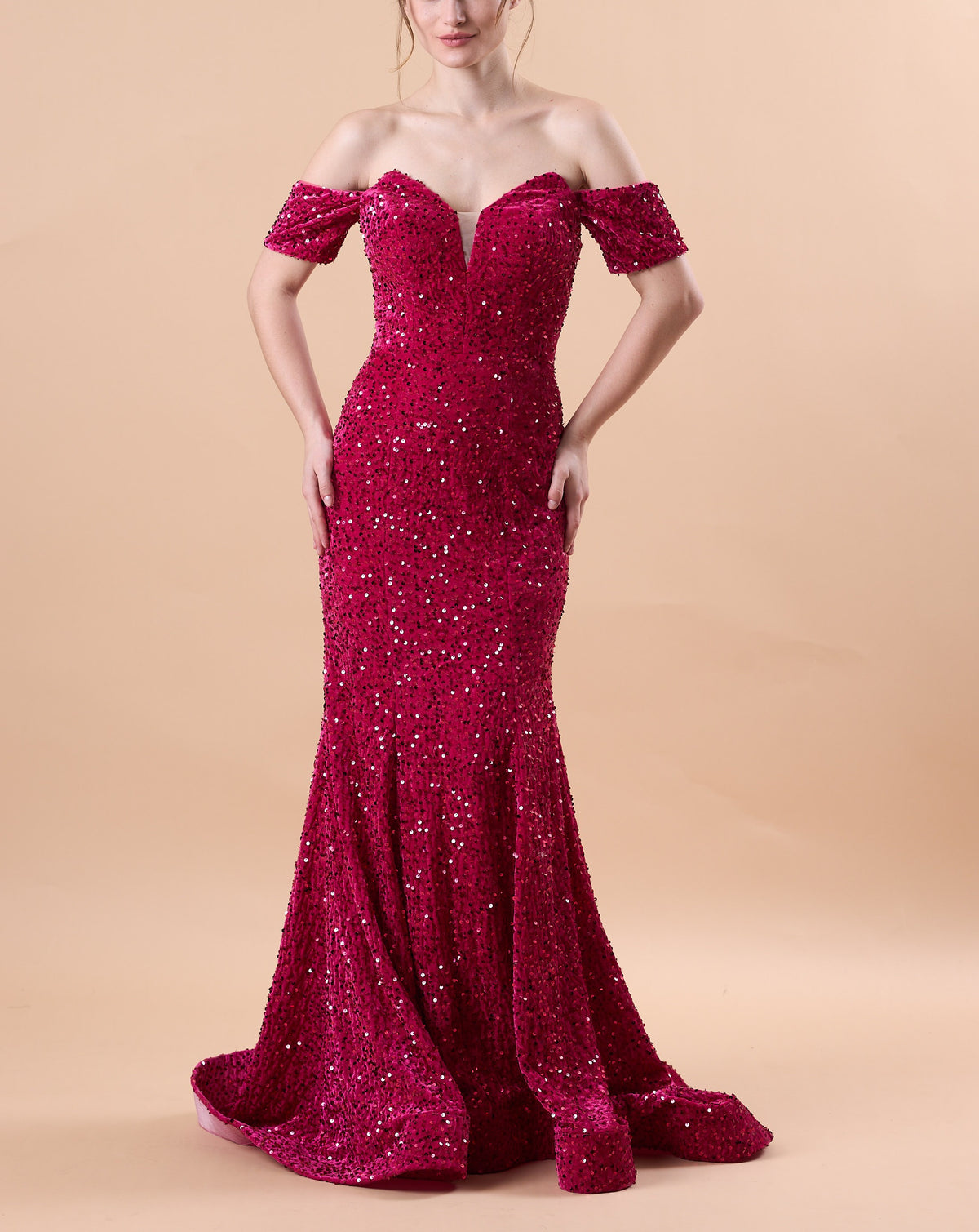 Fuchsia Off Shoulder Sweetheart Sequin Mermaid Train Formal Gown | US Sizes | Ship in 72 Hours