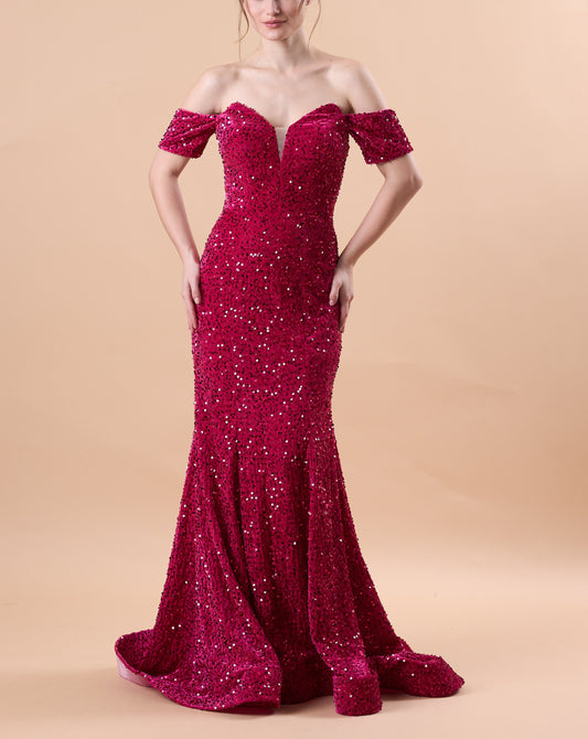 Fuchsia Off Shoulder Sweetheart Sequin Mermaid Train Formal Gown | US Sizes | Ship in 72 Hours