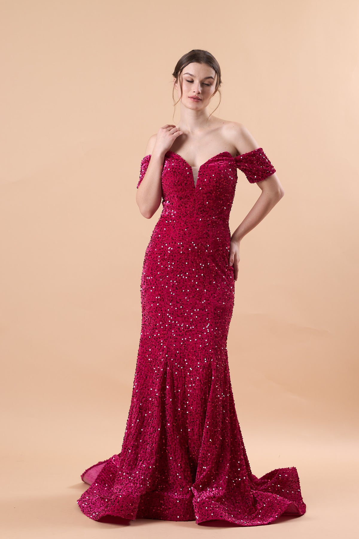 Fuchsia Off Shoulder Sweetheart Sequin Mermaid Train Formal Gown | US Sizes | Ship in 72 Hours