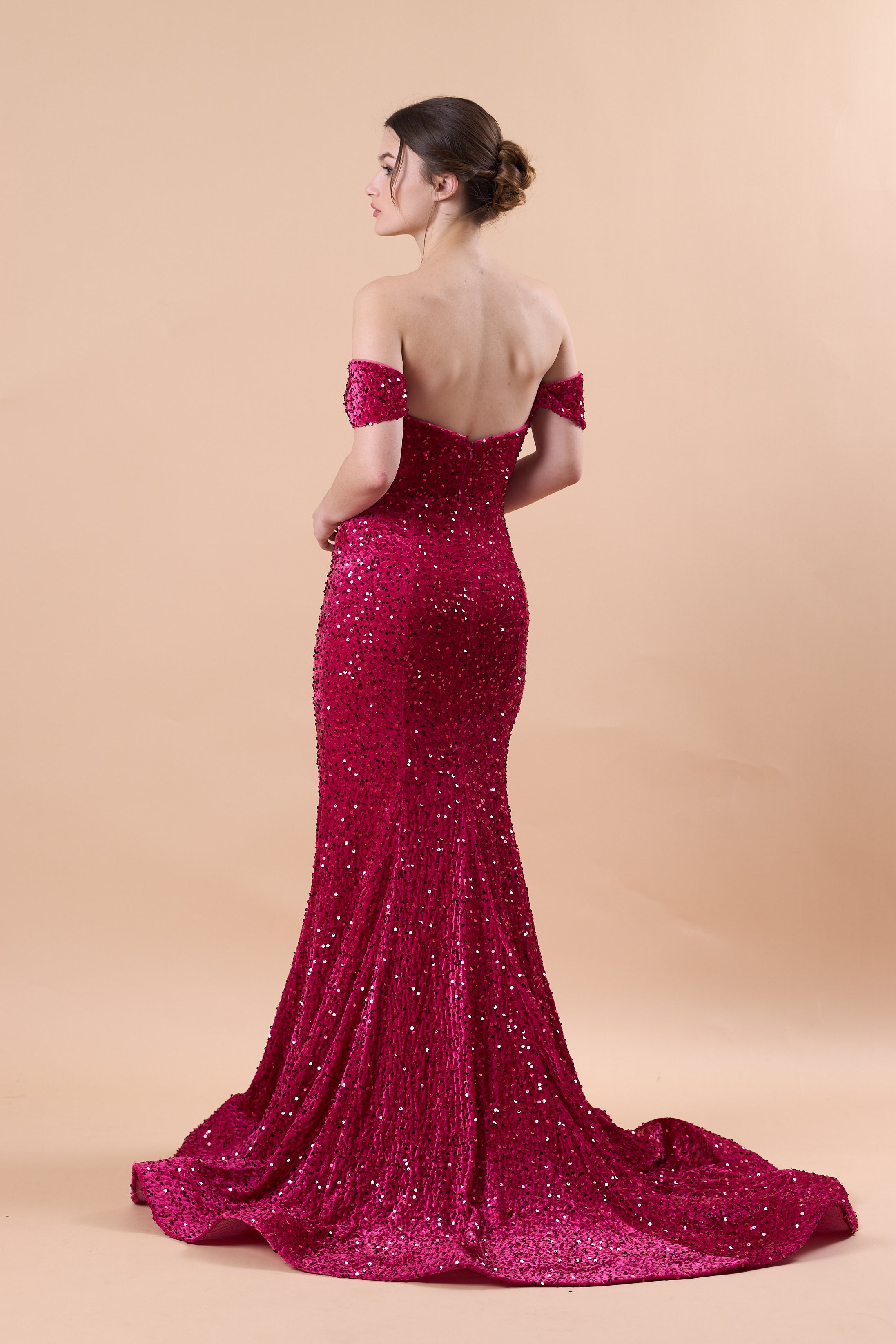 Fuchsia Off Shoulder Sweetheart Sequin Mermaid Train Formal Gown | US Sizes | Ship in 72 Hours