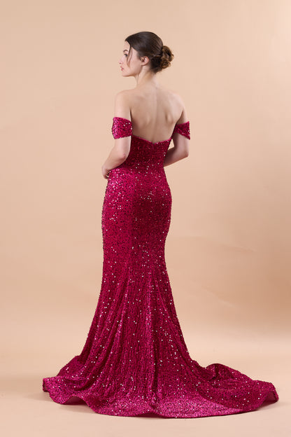 Fuchsia Off Shoulder Sweetheart Sequin Mermaid Train Formal Gown | US Sizes | Ship in 72 Hours