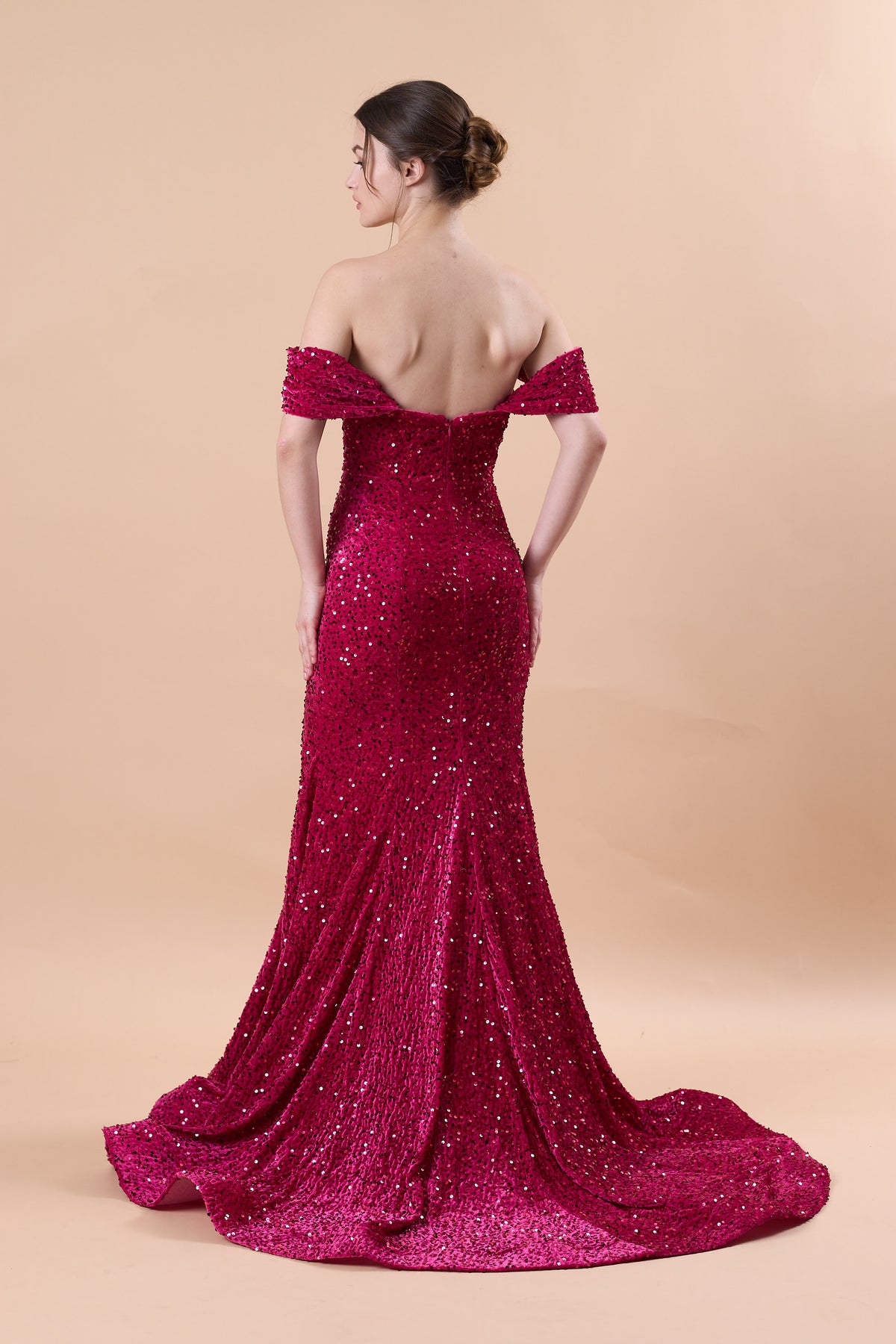 Fuchsia Off Shoulder Sweetheart Sequin Mermaid Train Formal Gown | US Sizes | Ship in 72 Hours
