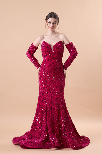 Fuchsia Strapless Sweetheart Detachable Long Sleeve Sequin Mermaid Train Formal Gown | US Sizes | Ship in 72 Hours