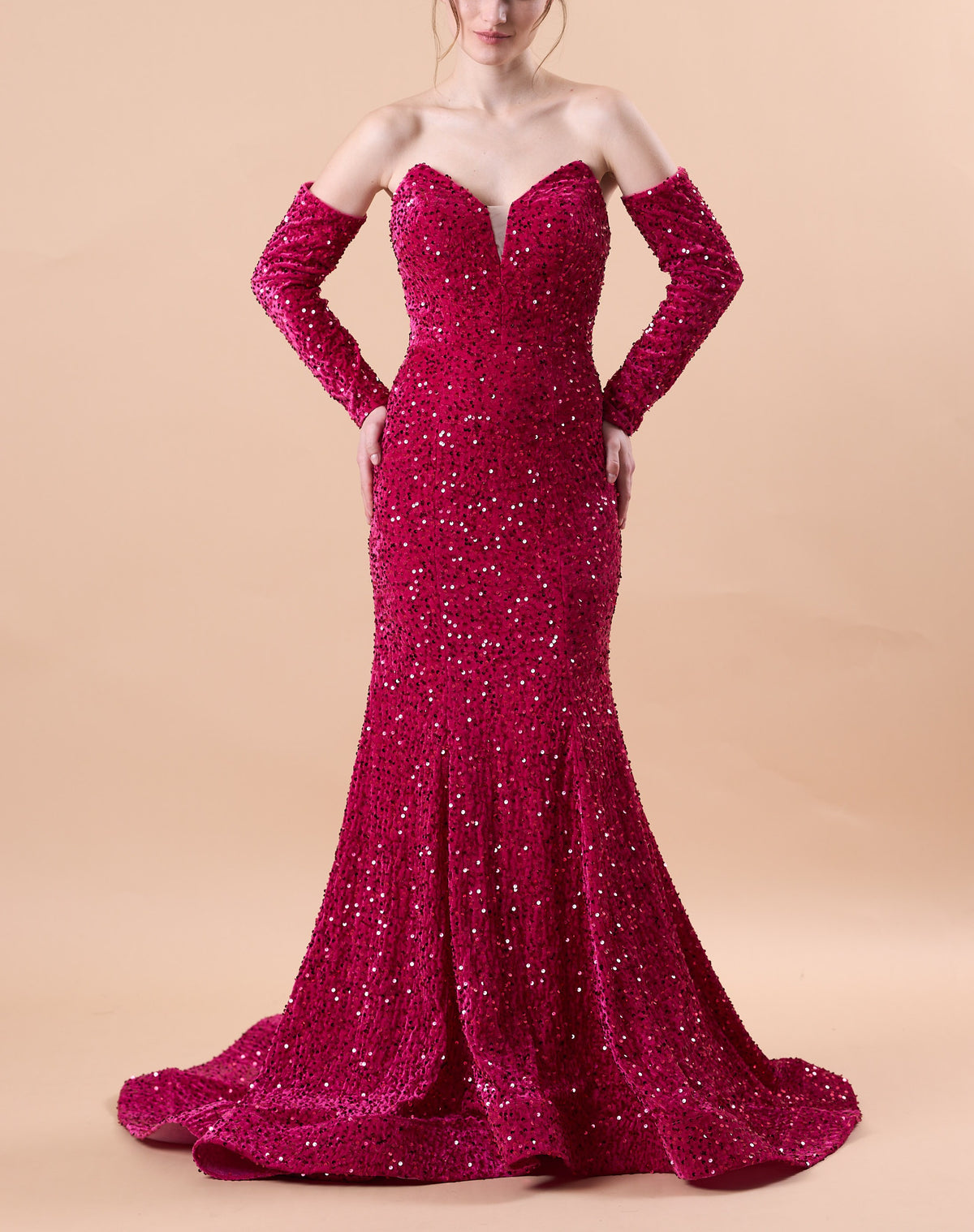 Fuchsia Strapless Sweetheart Detachable Long Sleeve Sequin Mermaid Train Formal Gown | US Sizes | Ship in 72 Hours