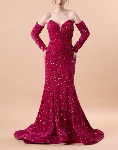 Fuchsia Strapless Sweetheart Detachable Long Sleeve Sequin Mermaid Train Formal Gown | US Sizes | Ship in 72 Hours
