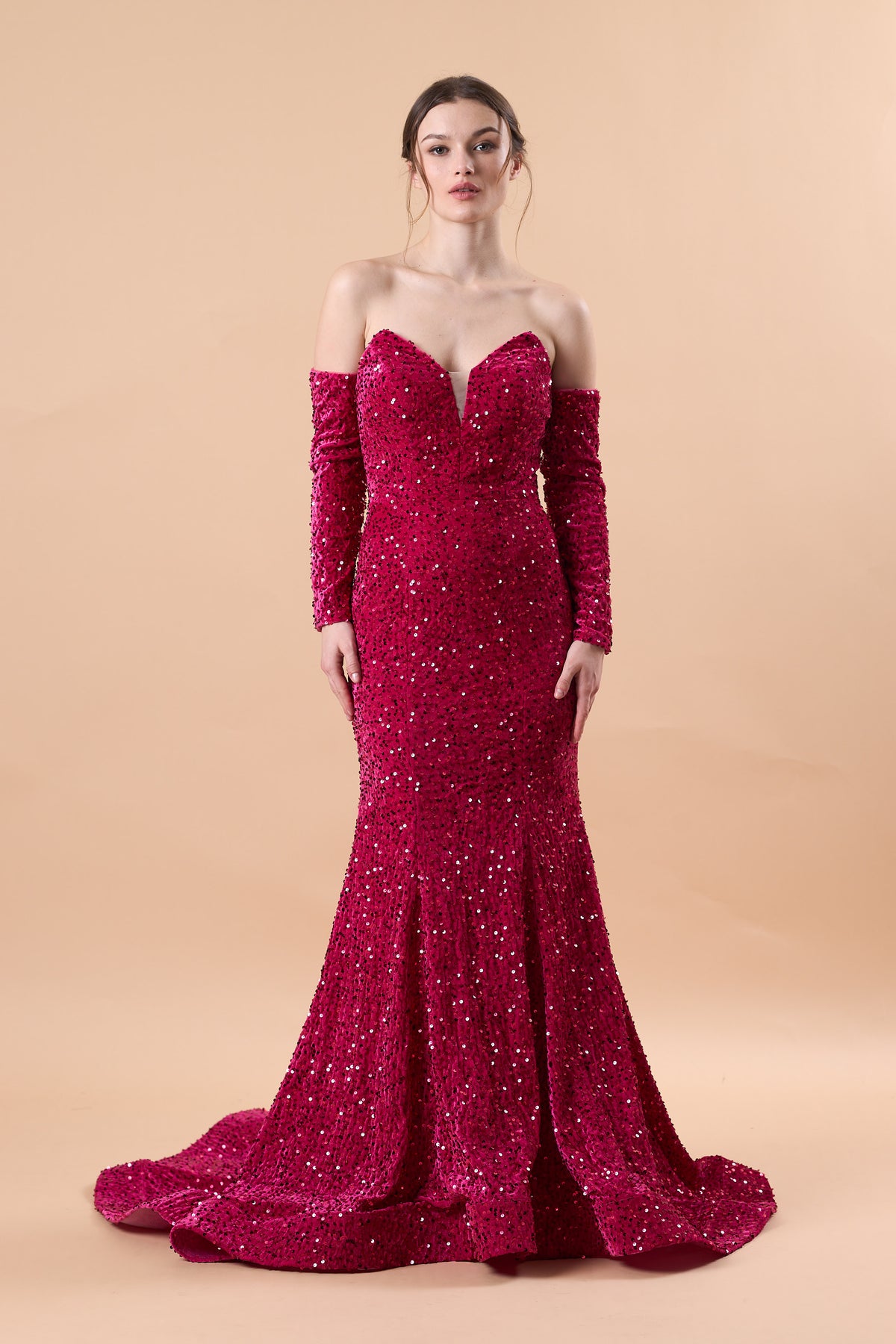 Fuchsia Strapless Sweetheart Detachable Long Sleeve Sequin Mermaid Train Formal Gown | US Sizes | Ship in 72 Hours